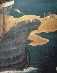 Ankunft der Portugiesen in Japan, Detail des Schiffsbugs, von einem Namban Byobu Bildschirm, 1594-1618